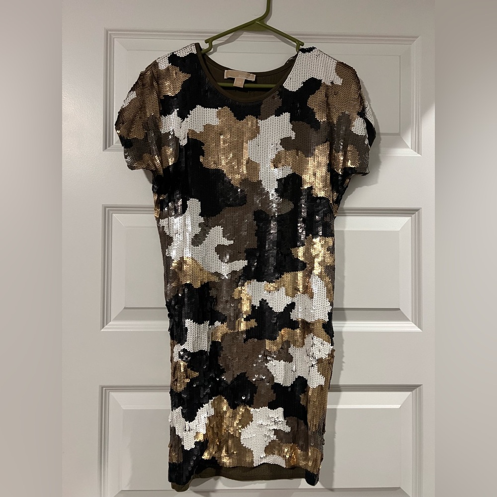 Michael Kors Sequin Mini Dress in Black, White, and Gold